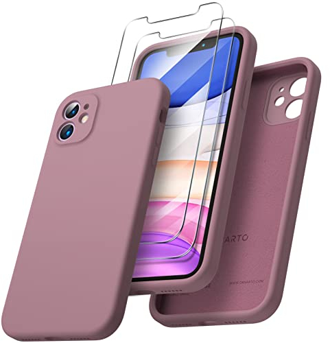ORNARTO kompatibel mit iPhone 11 Hülle, mit 2 x Schutzfolie flüssigem Silikon Gel Rubber Case [Eckige Kante] [Rundumschutz] stoßfeste Handyhülle für iPhone 11 Lila Flieder