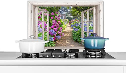 MuchoWow Credence Hortensia - Transparent - Fleurs - Été - Mauve - Chemin Fond de hotte 60x40 cm Credence Aluminium Plaque INOX de Cuisine