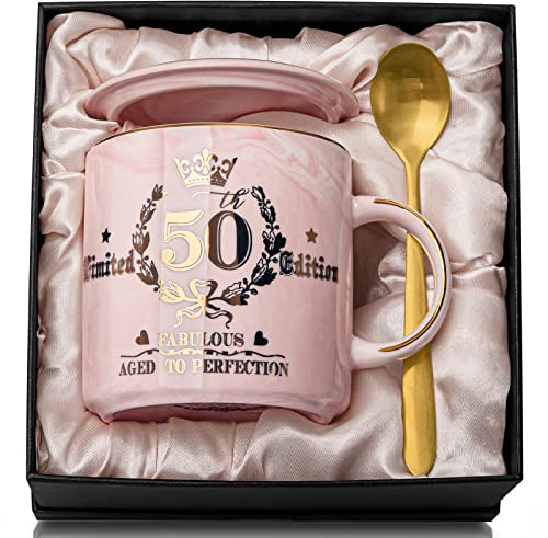 Geschenke zum 50 Geburtstag Frau, Fabelhafter 50. Limited Edition – 400ml Marmor Kaffeetasse mit Golddruck, Geschenk für ihre, Mutter, Ehefrau, Tante, Beste Freundin, Schwester, Schöne Geschenkbox