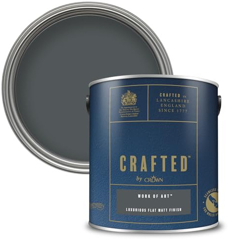 Crown CRAFTED Work of Art Matt Emulsion Dark Grey Paint 2.5L | Dark Grey velvety flat matt finish for interior walls, ceilings & wood. Soft to touch, hides imperfections, low VOC