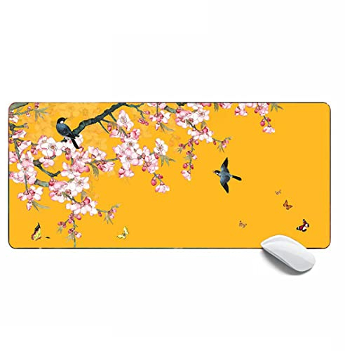 Goldfarbenes Mauspad, chinesische Malerei, Blumen und Vögel, großes Gaming-Mauspad, erweitertes XL-Mauspad, Schreibtischunterlage, 80 x 30 x 0,3 cm