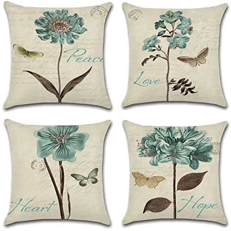 OCEUMACO Leinen Kissenbezug 50x50 Vintage Blumen Kissenhülle 4er Set Quadratisch Sofakissen Dekokissen Bezug für Couch Muster Kissen Kissenbezüge Outdoor Deko Couchkissen Zierkissen - Grün
