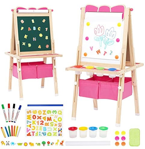 Art Easel for Kids Wooden Kids Easel Double Sided Adjustable Standing Whiteboard and Blackboard with Storage, Painting Art Present for Girls and Boys