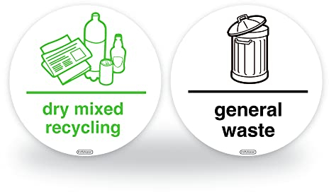 Set of 2 Recycling Bin Signs - 95mm Waterproof Indoor/Outdoor Stickers - Wheelie Bin Waste Containers Signs - Dry mixed recycling/General Waste stickers (2 sets - 95mm, Self-adhesive Vinyl)