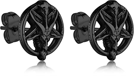 Bandmax Pentagramm Ohrstecker Edelstahl Satanische Ohrringe Schwarz Pentagramm Ohrringe Stecker Earrings Baphomet Ziegenkopf Satan Ohrringe Männer Biker Gotik Schmuck