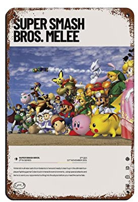 FABIVA Super Smash Bros. Melee (2001) Videospiel-Poster Blechschild Vintage Metall Pub Club Cafe Bar Home Wandkunst Dekoration Poster Retro 20 x 30 cm