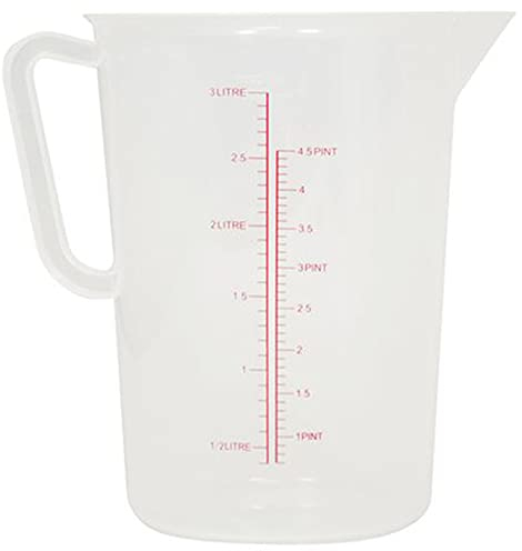 Jarra medidora de polipropileno de 3 L, de plástico transparente, medición precisa, tallo estrecho, sin derrames, harina multiusos, almendras molidas, apta para lavavajillas (3 litros) Sucasa