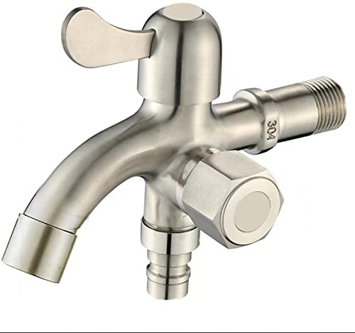 BiaoTeng Grifo Para Patio Exterior Doble Salida De Acero Inoxidable,Grifo Lavaplatos Doble Salida Pared,Grifo De Agua FríA,Grifo Doble Salida Wc,cepillado B