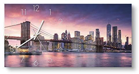 DEQORI Glasuhr | vertikal 60x30 cm | Motiv Brooklyn Bridge Abendröte | große XXL Design Uhr aus Glas | leise Wanduhr für Wohnzimmer & Küche | moderne Hingucker Uhr für die Wand