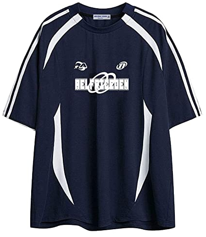 Aelfric Eden Herren Sommer Fußball Shirt Damen Oversized Rundhals Kurzarm Vintage Raglan Jersey Basic Tshirt mit Stripes Casual Oberteile Streetwear Blau, XL