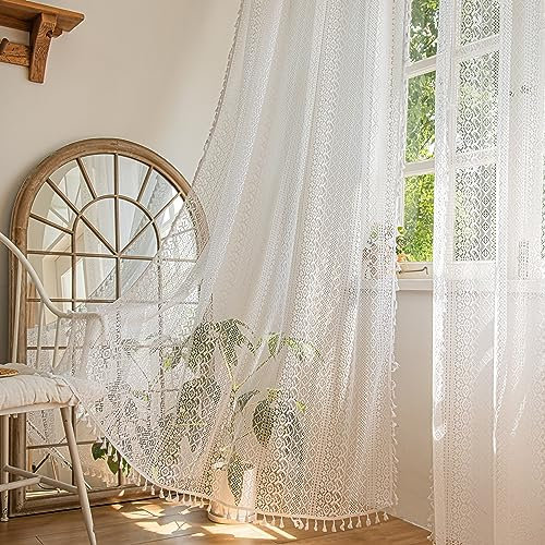 Sutuo Home Tende in stile bohémien, 2 pannelli, lunghezza 244 cm, per camera da letto, soggiorno, patio, tendaggi per finestre, stile bohémien, in pizzo lavorato a maglia, stile vintage, coppia di
