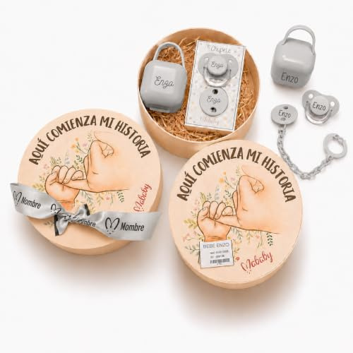 Mababyshop Set Chupete Personalizado con Pinza y Portachupete (Gris) | Set de chupete anatómico de silicona +0 meses con nombre, pinza a juego y portachupete, en estuche para regalar