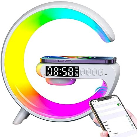 Layue G Shape LED Wireless Charging Speaker Lamp - Wireless Speaker Charger, Color Changing Timer Alarm Clock Charger Stand Bedside Table Light for Home Table Light