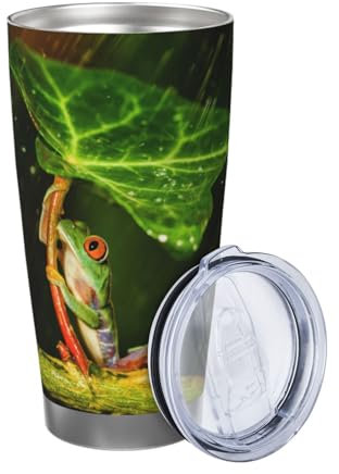 ZaKhs Thermobecher mit Frosch- und Regenmotiv, 590 ml, mit Deckel und Strohhalm, Kaffeebecher, Edelstahl, Reisebecher für Damen und Herren