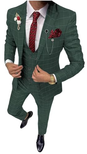 Lacoac Herren Plaid Anzug Formal Prom Jacke Weste Hose Smokings(3 Stück Set)