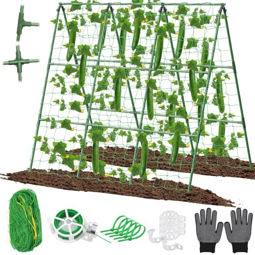 Gurkenspalier für Hochbeete, 114,4 x 135,2 cm, verstellbare Größe, A-Rahmen, Garten-Rankhilfe für Kletterpflanzen, Outdoor, mit Kletternetz und Pflanzenstützclip für Gemüse, Trauben, Tomaten, Bohnen