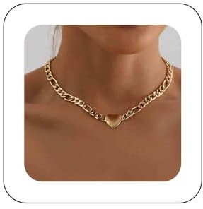 TseenYi Punk Heart Chunky Chain Necklace - Gold Cuban Chain Heart Choker Necklace - Vintage Thick Chain Necklace - Chunky Love Pendant Necklace for Women and Girls
