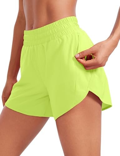 CRZ YOGA Damen Kurze Sporthose Mid Waist Laufhose Fitness Gym Kurz Hose Sportshorts mit Reißverschlusstasche Neon Gelb 36