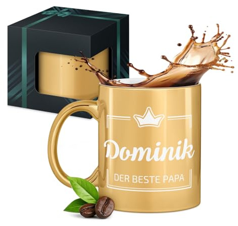 Maverton Gold Keramikbecher 330ml mit Gravur, Kaffeetasse mit Henkel | personalisierter Keramikbecher Männer zum Geburtstag zu Weihnachten, gold glänzend, Innen weiß, Krone