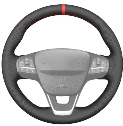 MEWANT DIY Schwarzer Kunstleder Lenkradbezug für Ford Focus 2018-2020 Fiesta Kuga 2019-2020 Puma Transit 2020