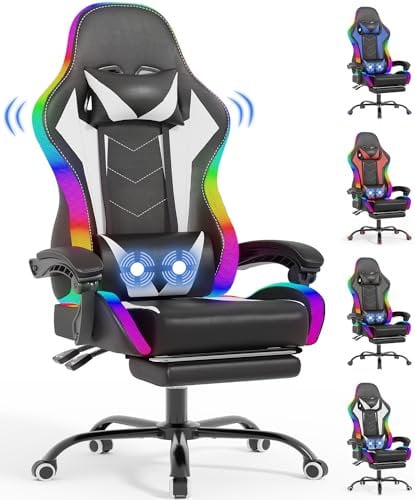 Devoko Silla Gaming con Masajeador y LED, Silla de Oficina Ergonómica con Reposapiés, Sillas Gaming para Oficina y Juegos con Iluminación RGB(Blanco)