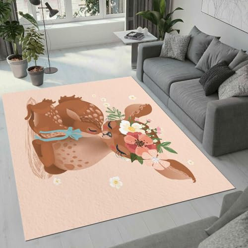 ROUSKI REH Teppich Wohnzimmer Schlafzimmer 3D Muster Design Blumen Hirsche Teppiche rutschfest Waschbarer Kurzflor Teppich Grösse 60x90 cm Flauschig Weich Soft Home Outdoor Carpet Matte