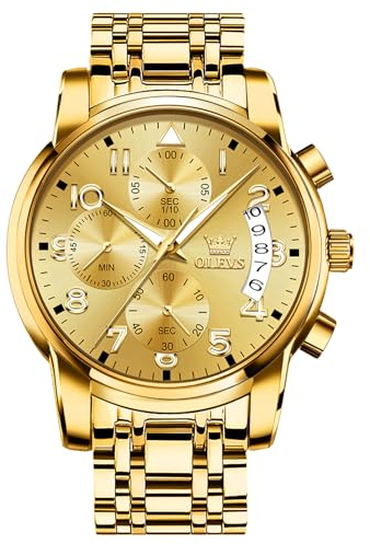 OLEVS Goldene Herrenuhr Metallarmband Luxus Edelstahl Uhren Männer mit Datum Mode Analog Chronograph Herren Uhr Wasserdicht Arabische Ziffern Groß Herren Armbanduhr Goldfarben Geschenke für Männer