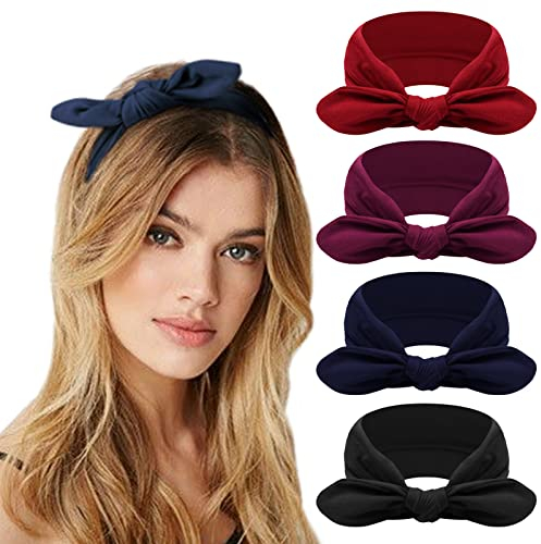DRESHOW 4 Stück Damen Stirnband Elastische Weiche Stirnbänder Kopfband Haarband Kopf Wickeln Niedlich Haarschmuck für Alltag Yoga Sport Fitness