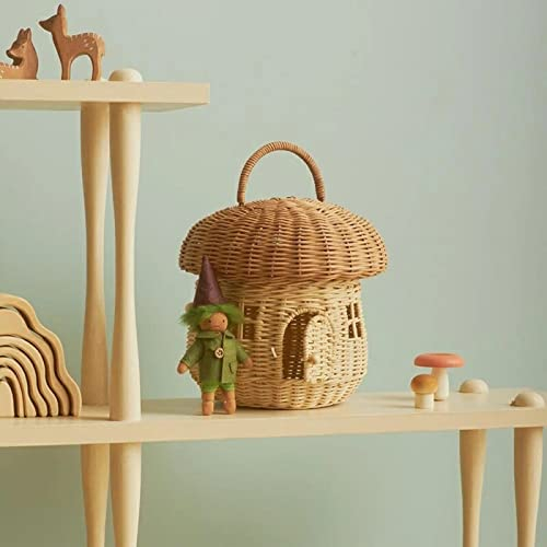 Pilz-Rattan-Aufbewahrungskorb mit Deckel, Badezimmer-Regal-Organizer, Handgewebt, Niedlich, Handgefertigt, Geschenk, Dekoration, Kunstwerk, Foto-Requisite, (1)