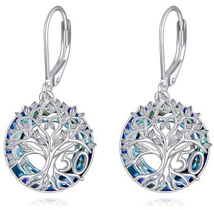 YFN Birthday Earrings 925 Sterling Silver Tree of Life Dangle Earrings Blue Crystal Jewellery Birthday Congratulation Love Gift for Women Mom Grandmother