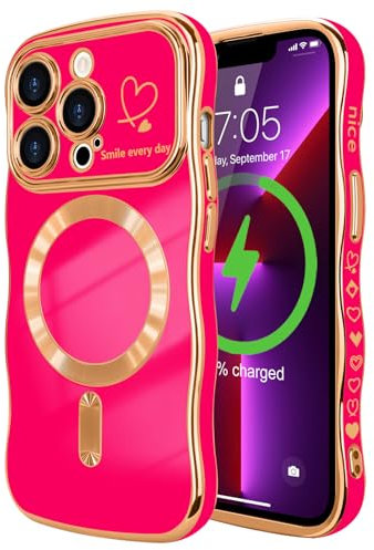 LCHULLE Cover magnetica per iPhone 13 Pro Max Custodia [Compatibile con Magsafe] cuore forma di ricciolo ondulato Cover Protezione Fotocamera galvanizzato Custodia per iPhone 13 Pro Max Rosa rossa