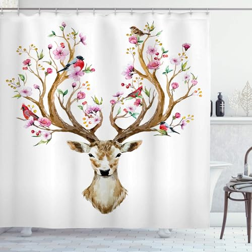 AASIRA Duschvorhang 180x200 Antischimmel Hirsch Blumen Wasserdicht Textil Duschvorhänge Natürliches Weiß Waschbar Polyester Badevorhang für Badewanne Badezimmer mit 12 Duschvorhangringen C122