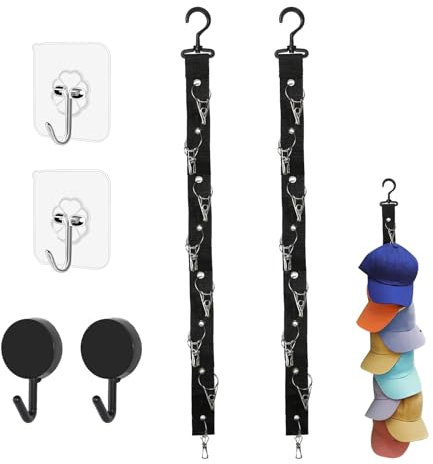 GOSHIES Cap Halter 2 Stück Cap Rack Schwarz Cap Halterung Wand mit 16 Clips Kappenhalter mit 2 Haken Selbstklebend Basecap Halterung Wand für Baskenmütze, Sonnenhut