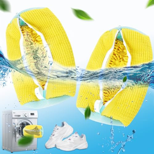 Schuhwaschbeutel Waschmaschine, 2024 Neu AufgerüStet 2 Pcs Wiederverwendbarer Waschbeutel Mit 360° Reinigungsflusen für Schuhe (Gelb)
