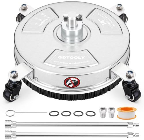 14 Pressure Washer Surface Cleaner, Stainless Steel Power Pressure Washer Attachment for Concrete, Patio, Driveway, Deck Cleaning, 2 Extension Wand Accessories, 1/4 Quick Connect, 4000 PSI