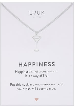 LUUK LIFESTYLE Cocktail Glass Necklace in 14K Silver plated Stainless Steel, 50cm adjustable chain waterproof, Gift ideas for bestfriend girlfriend for bridal shower graduation, with HAPPINESS Card