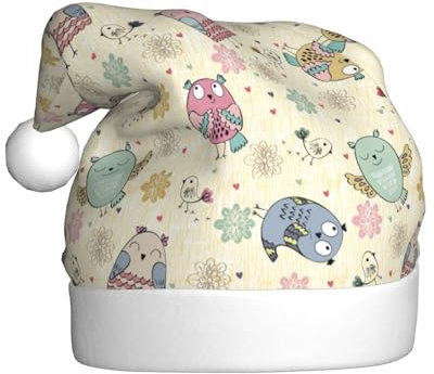 Weihnachtsmütze mit Cartoon-Eule, Tier- und Blumen-Print, Weihnachtsmütze für Erwachsene, originelle Weihnachtsmütze für Frauen und Männer, Weihnachtsfeier-Dekoration