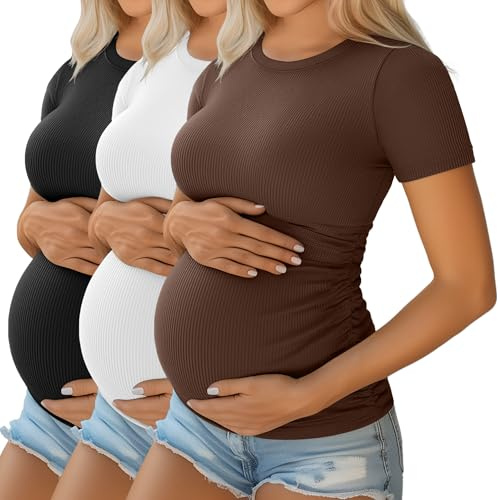 Ficerd Pacco da 3 Maglie maternità Donna in Cotone | Top Gravidanza, a Maniche Corte, Con Pieghe Laterali, E Tessuto a Costine, Estate, Per Future Mamme, Lavoro, Informale