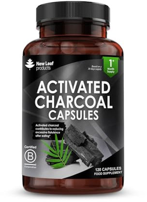 Activated Charcoal Capsules - 120 High Strength Activated Charcoal Tablets Alternative - 1040mg Activated Charcoal Per Serving, Helps Reduce Excessive Flatulence After Eating - Made in UK by New Leaf