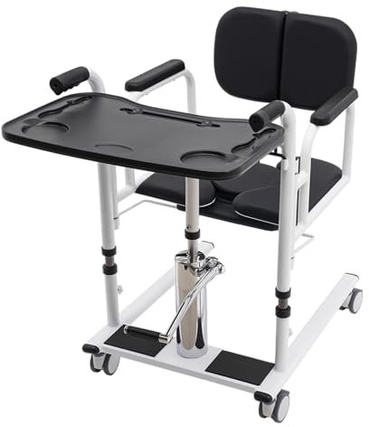 Hydraulischer Transferstuhl, Tragbarer Patientenlift Rollstuhl mit 180°Umklappbare, Höhenverstellbare Transportrollstuhl, Transferhilfe für ältere Menschen, bis 150kg (Black, White)