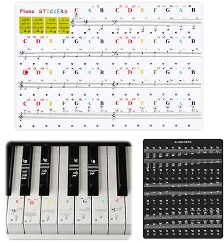 DOPENSPI 2 Set Piano Keyboard Stickers for 88/61/49/37 Key, Colorful Transparent Piano Key Stickers with Stave Note Name Roll Call Prompt Removable Piano Keyboard Letters Notes Label for Beginners