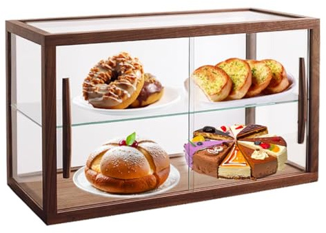 WXQZHF Hölzerner Gebäck-Vitrine, 2-Fach-Klarglas-Bäckerei-Vitrine Collectibles Countertop-Schrank Mit Schiebetür, Handelsbäckerei-Speicher-Kabinett-Einzelhandels-Vitrine 23.6 In(Brown,60cm)