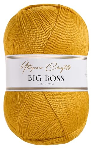 Utopia Crafts Big Boss Acrylwolle 400g 1200m – Strick- & Häkelgarn, weich, maschinenwaschbar, Oeko-Tex zertifiziert, für Pullover, Decken, Schals & Mützen (Senfgelb)