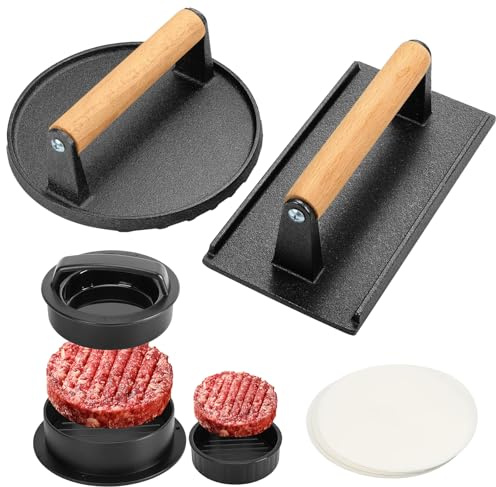 Fervidus Kit de presse à hamburger 3 en 1 rond et rectangulaire en fonte de 21,1 x 10,4 cm, moule à hamburger 3 en 1, anti-adhésif, ensemble de presse à hamburger pour barbecue et plaque de cuisson
