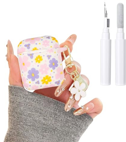 Reownest Cover per AirPods 2a/1a Generazione con Kit di Pulizia, Design Carino con Fiori Colorati Portachiavi Estetico, Custodia Morbida in Silicone per AirPods 1/2 - Viola
