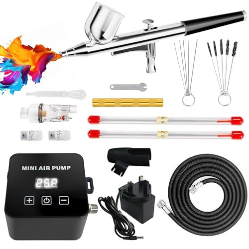 Queltrix Airbrush Kit with Compressor: Precise Digital 15-25PSI Adjustment, Dual-Action Air Brush with 0.2/0.3/0.5mm Nozzles, Applied for Cake Decorating Model Painting Cosmetic Nail Art