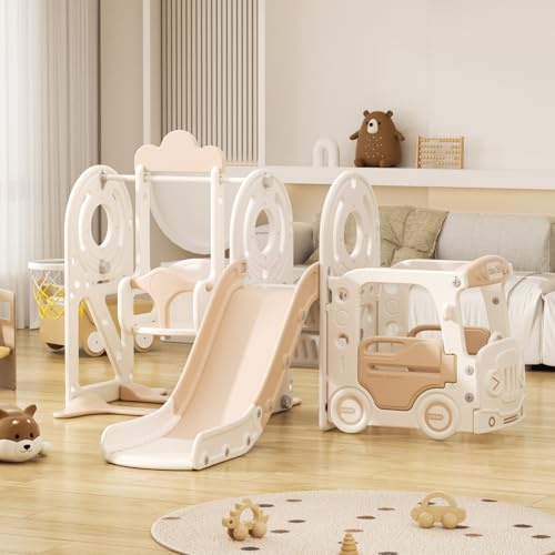 Rutsche mit Klettergerüst für Kinder: Indoor Spielplatz mit - Aufbewahrungsbox Tunnel Treppenleiter Basketballkorb und Durchgangsbereich Gartenrutsche (Bus Set-H-Brown)