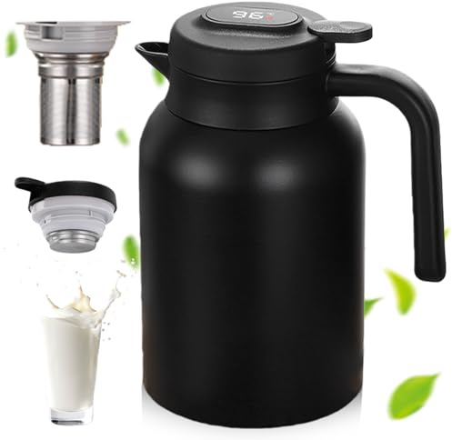 Thermoskanne 2L, Tee Thermoskanne mit Temperaturanzeige, Kaffeekanne Thermo aus Doppelwandige Edelstahl, Isolierkanne mit Edelstahl-Teefilter, Teekanne Thermo für Home Office Hotel, Schwarz