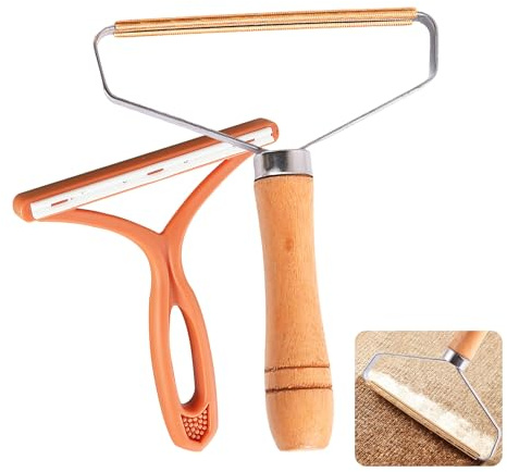 AetherPeak Fussel- und Tierhaarentferner, Teppichschaber mit Holzgriff, Edelstahlrahmen, Kupferklinge + orange statische Fusselbürste, wiederverwendbar für Teppiche, Sofas, Kleidung