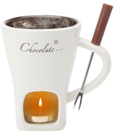 Tasse à fondue au chocolat en céramique avec fourchettes - 200 ml - Set pour faire fondre le chocolat - Set de fondue avec fourchette et bougie chauffe-plat pour fromage, chocolat, beurre caramel